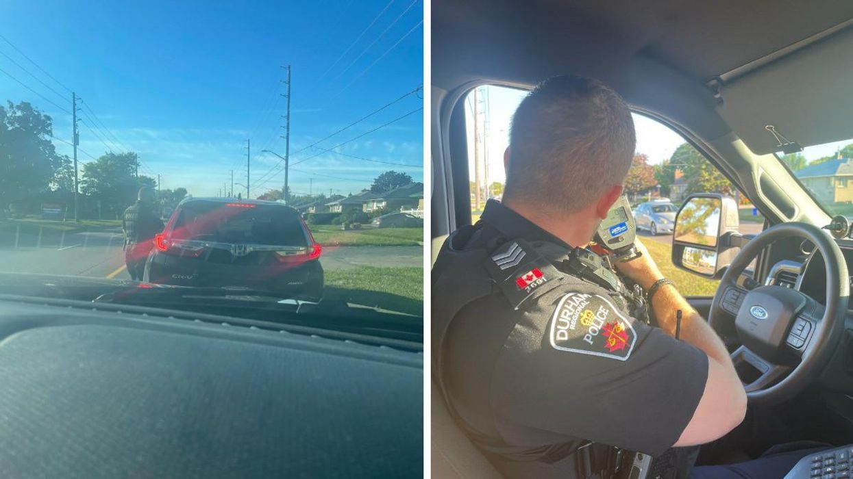 The teacher who got stopped by the police for speeding. Right: A police officer on the job.