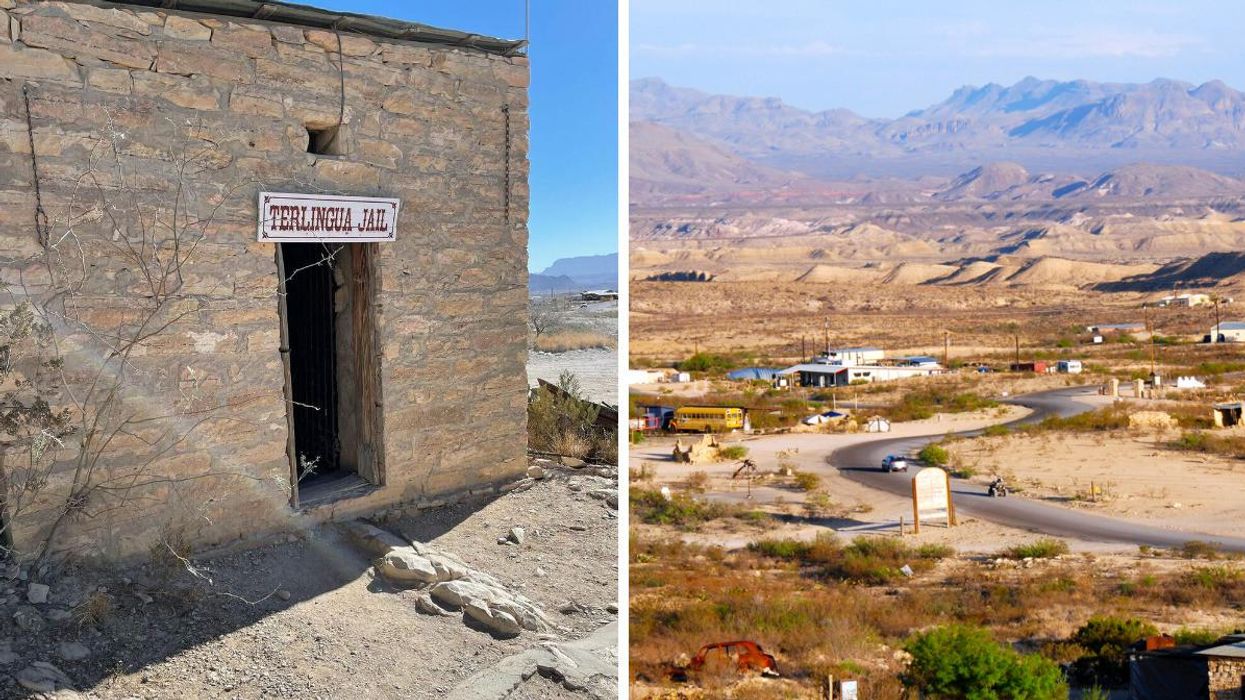 The Terlingua jail. Right: The road to Terlingua, TX.