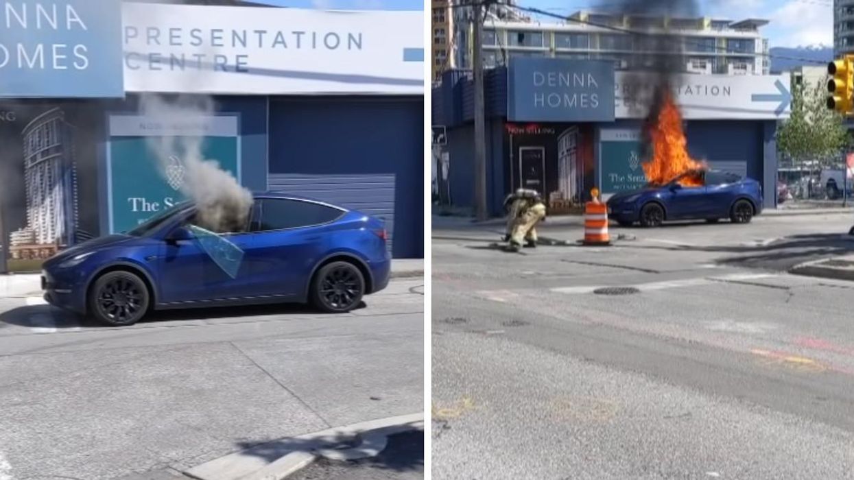 The Tesla smoking. Right: The Tesla on fire.