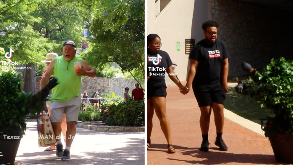 The Texas Bushman scaring a man in San Antonio, Texas. Right: The Texas Bushman scaring a couple on the San Antonio River Walk.
