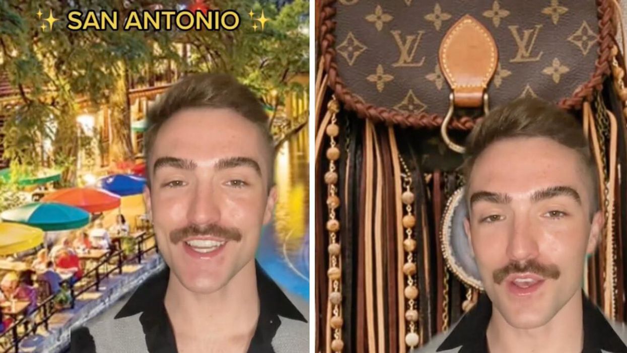 The Texas TikToker mentioning San Antonio in his viral video. Right: The Austinite with a redone LV bag behind him.