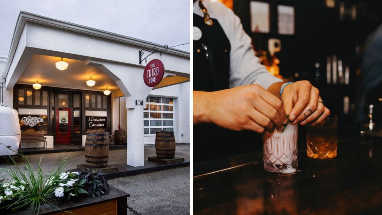 The Third Door's retro exterior. Right: A bartender makes a cocktail.