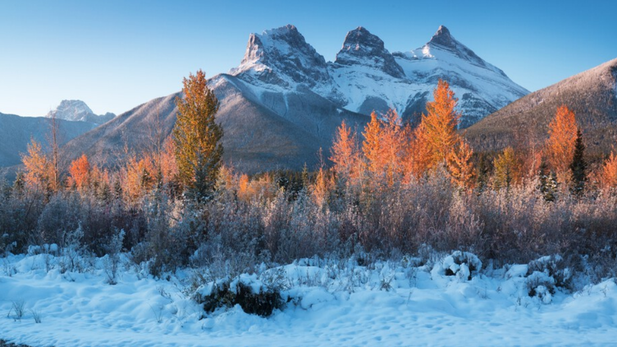 The Three Sisters Mountains in snow.