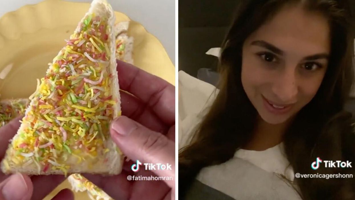 The TikTok mom's healthy fairy bread. Right: Another TikToker calling out the mom.