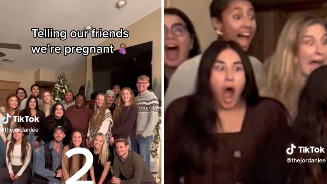 The TikTok pregnancy reveal video. Right: The couple's friends reacting to the news.
