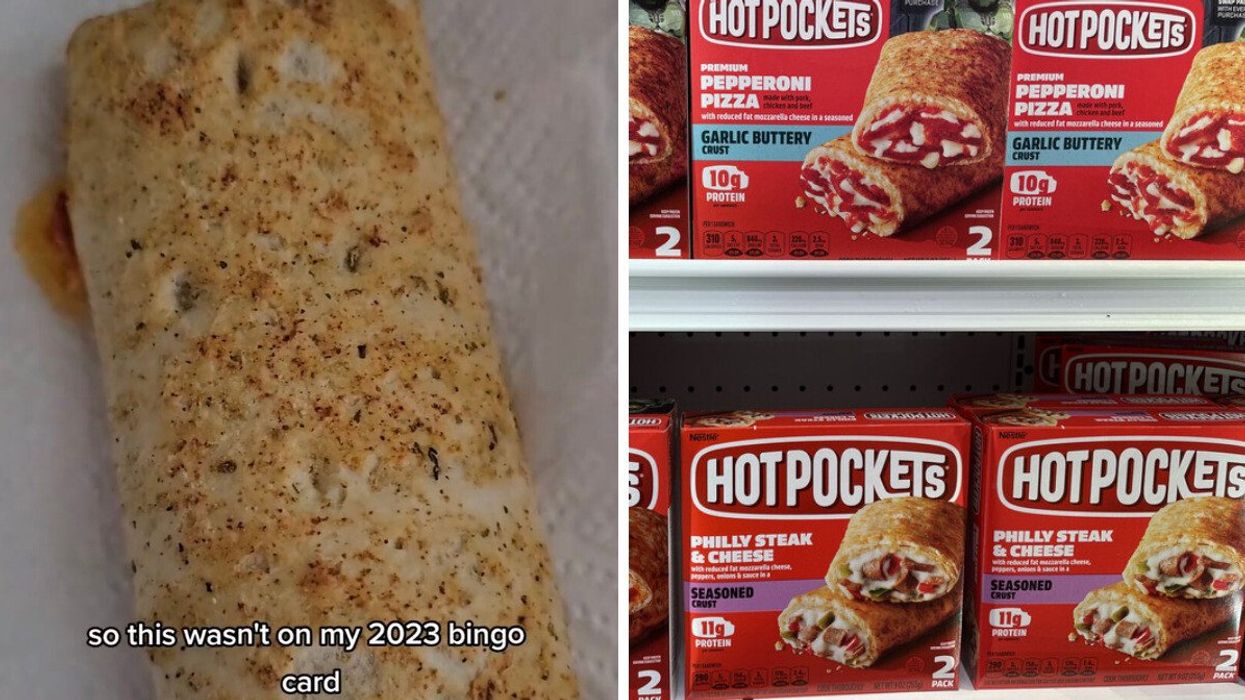 The TikTok video showing a Hot Pockets product without a microwave sleeve. Right: Hot Pockets boxes.