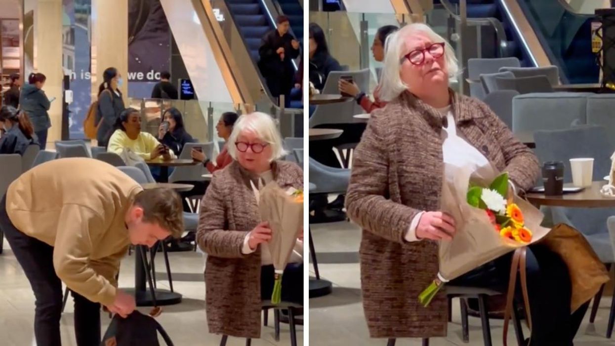 The TikToker after giving the lady the bouquet of flowers. Right: The lady's reaction to the 'act of kindness'