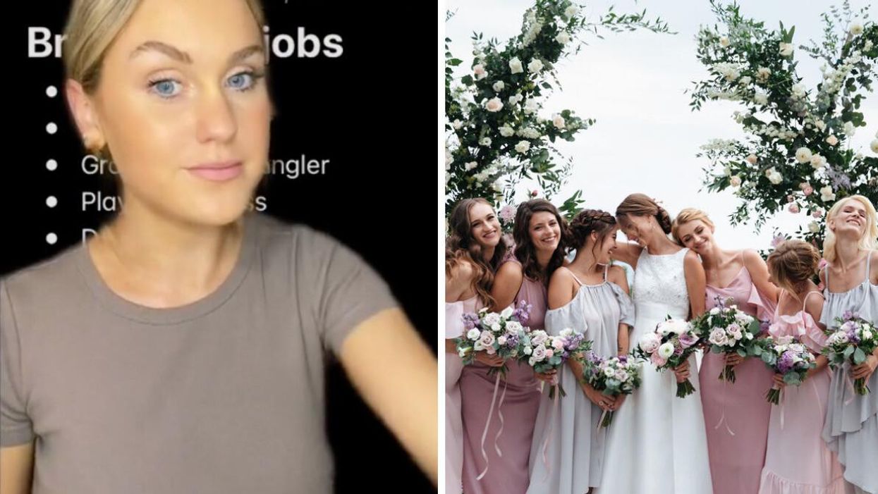 The TikToker explaining her bridesmaids tips. Right: A bride and her bridesmaids.