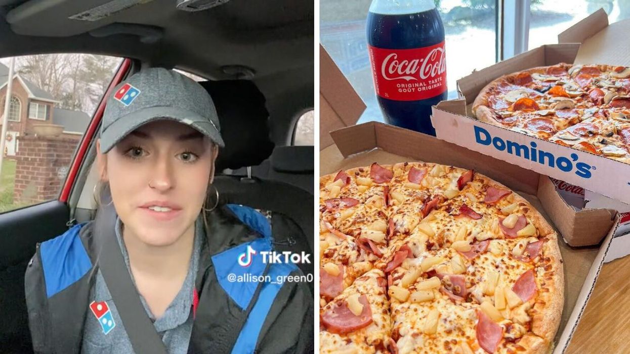 The TikToker explaining how much she made in tips during a shift. Right: Domino's Pizza and a bottle of Coca-Cola.