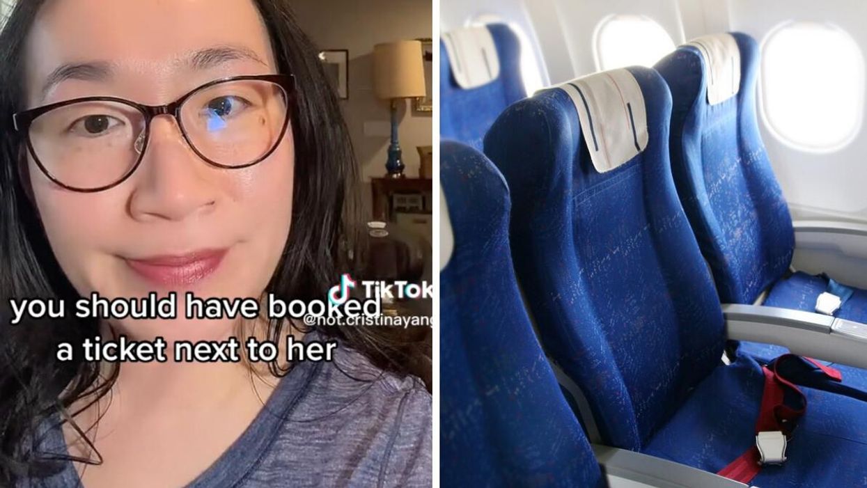 The TikToker explaining what happened. Right: Seats in an airplane.