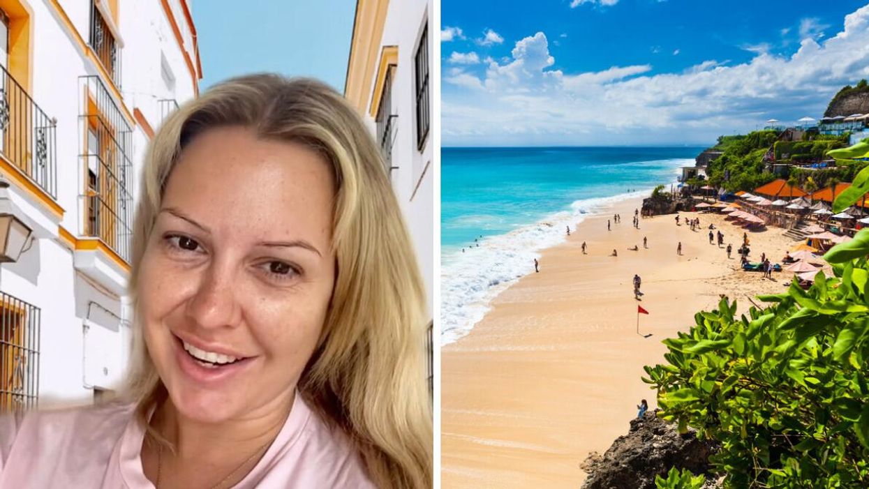 The TikToker explaining what happened when she went to Bali. Right: A beach in Bali, Indonesia.