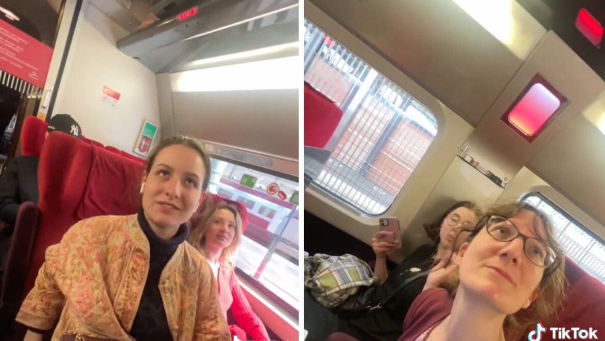 The TikToker filming his point of view on the train, confronting the woman who took his seat.