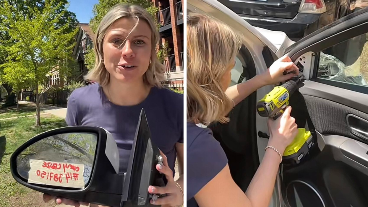 The TikToker holding a car mirror. Right: The TikToker using a drill.