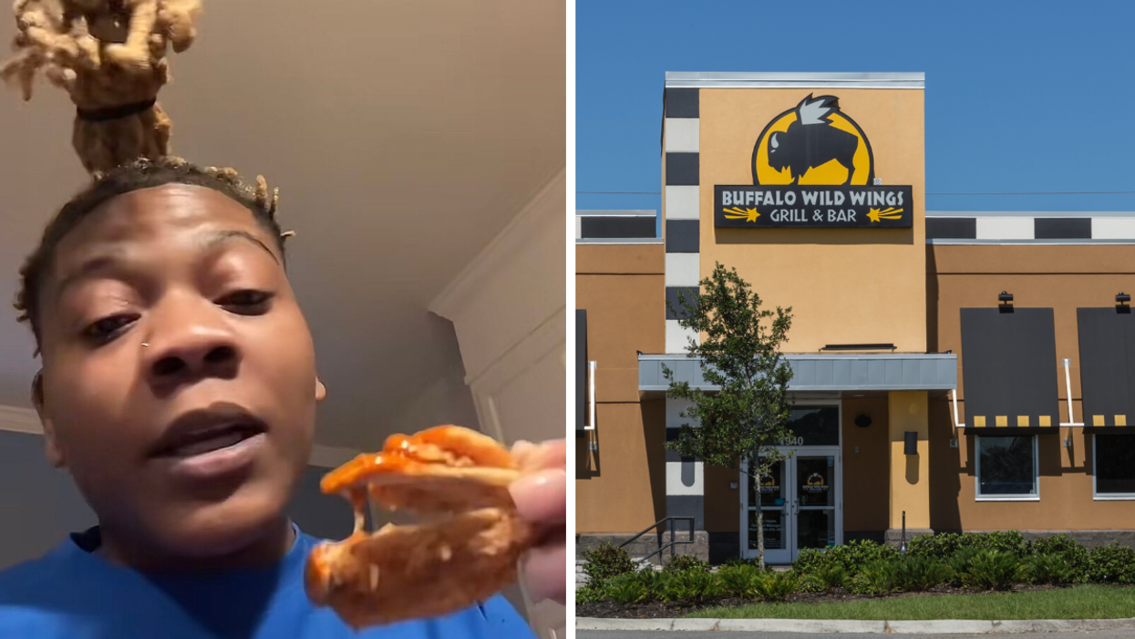 The TikToker holding a chicken wing. Right: A Buffalo Wild Wings restaurant.