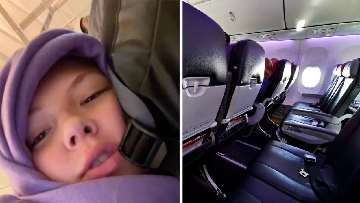 The TikToker in a video about her trip. Right: An empty row of plane seats.