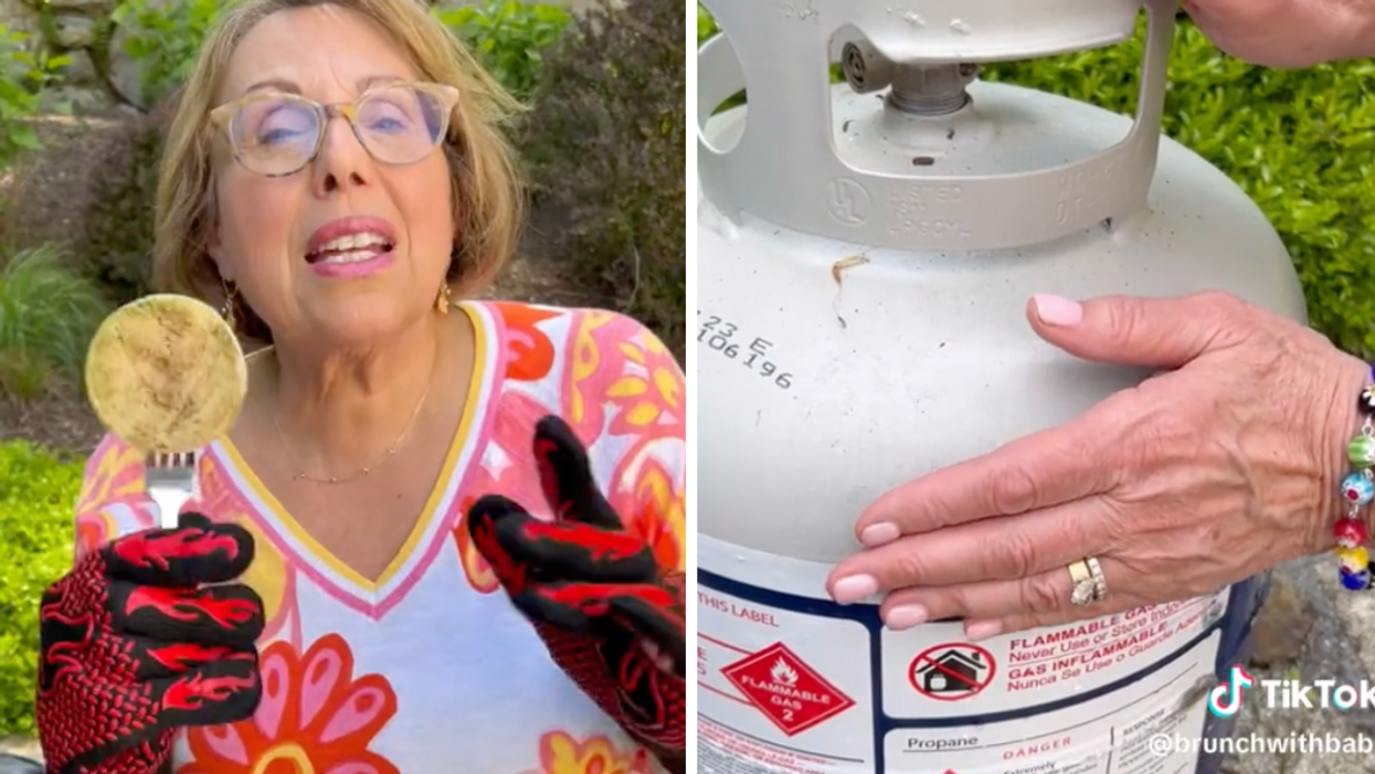 The TikToker in her grilling video. Right: A hand touching a propane tank for a grill.