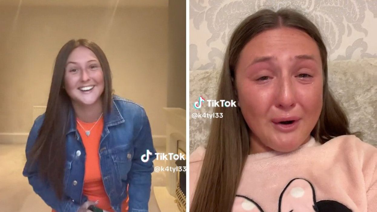 The TikToker in her new house. Right: The TikToker crying in her follow up video.