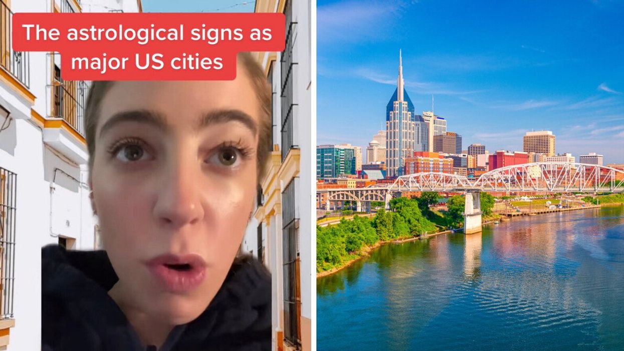 The TikToker in her video about U.S. cities as zodiac signs. Right: Nashville, TN.