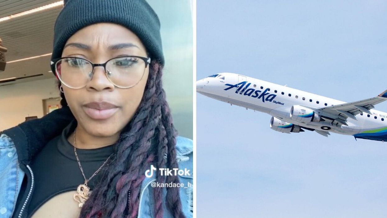 The TikToker in her video explaining what happened on her flight. Right: An Alaska Airlines plane.