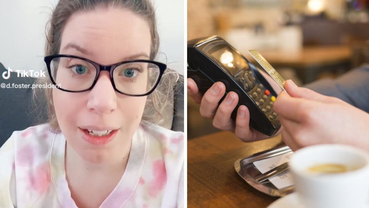 The TikToker in her video. Right: A person paying the bill at a restaurant.