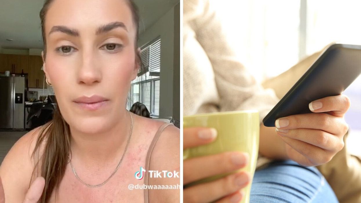 The TikToker in her video. Right: A woman using Hinge on her cellphone.