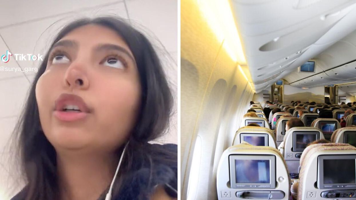 The TikToker in her video. Right: The inside of a plane.