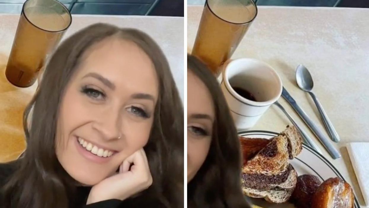 The TikToker in her video. Right: The TikToker showing the picture of his breakfast and thumb.