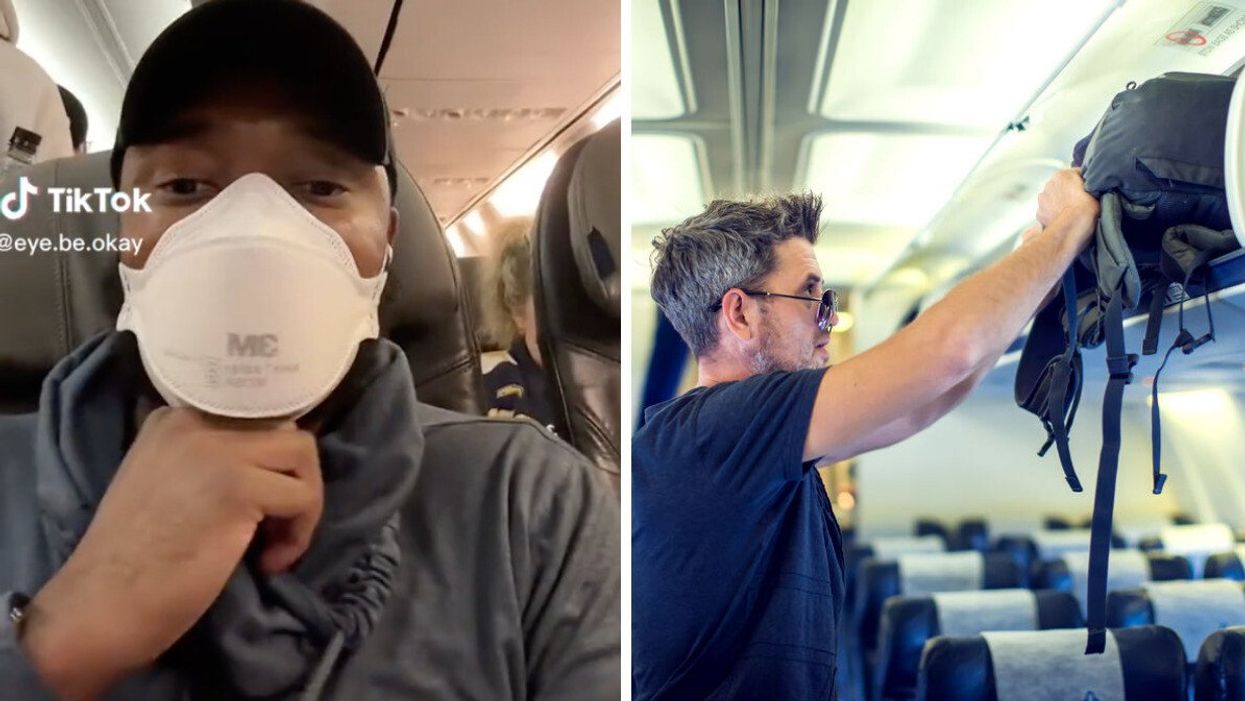 The TikToker in his video. Right: A passenger placing his carry-on in the overhead bin.