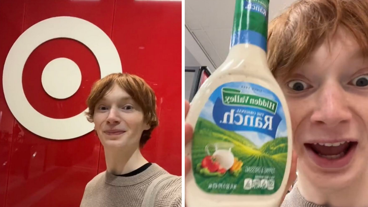 The TikToker next to a Target sign. Right: The British man holding a bottle of ranch.