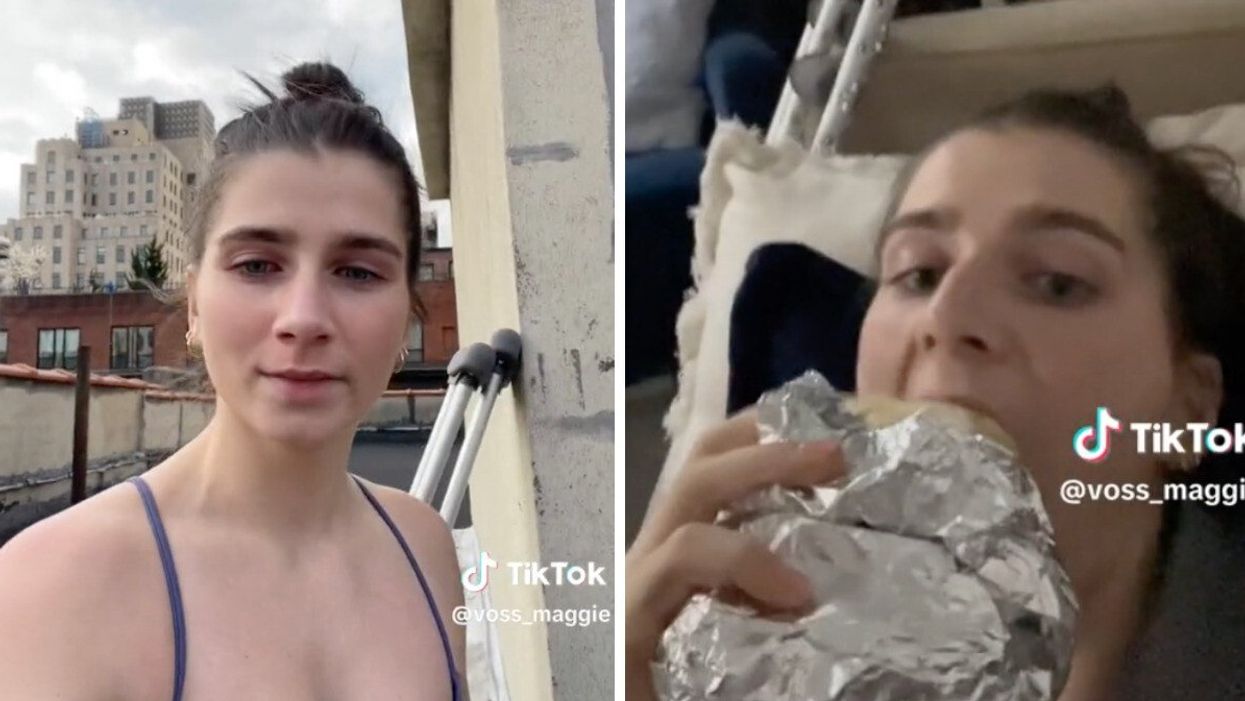 The TikToker on her roof. Right: The TikToker eating her burrito after being freed from her roof.