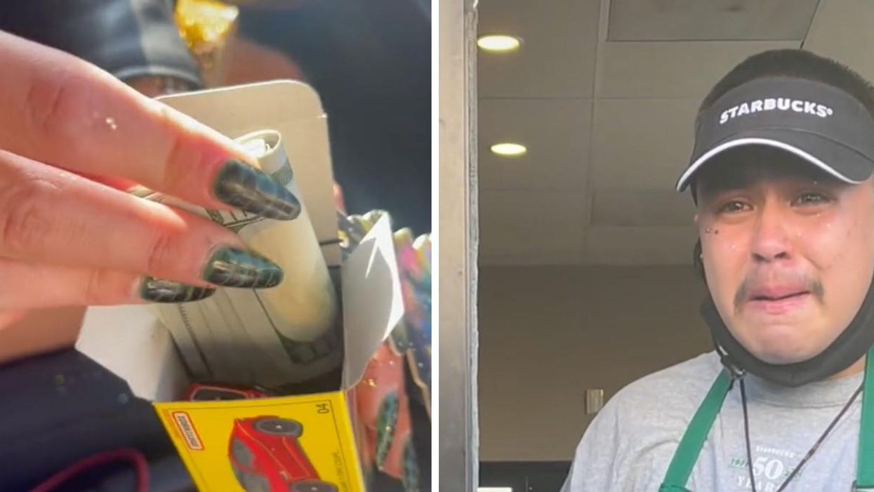 The TikToker placing the money in the toy cars box. Manny crying after receiving the $1,000.