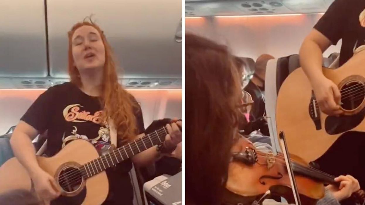 The TikToker playing the guitar. Right: her friend playing the violin.