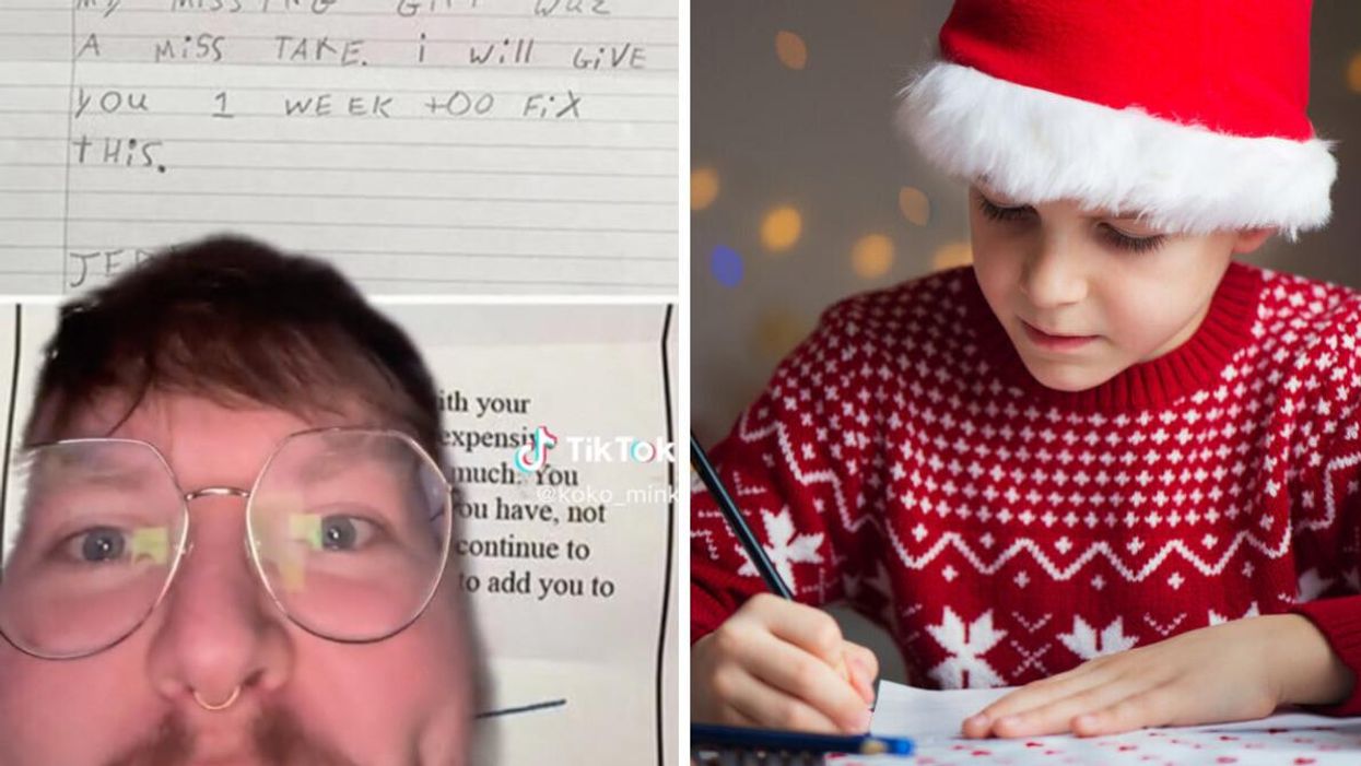 The TikToker reading a child's letters to Santa. Right: A child writing a letter to Santa.