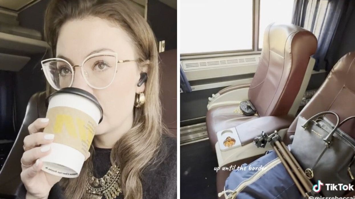 The TikToker, Rebecca Felgate. Right: The train seats.
