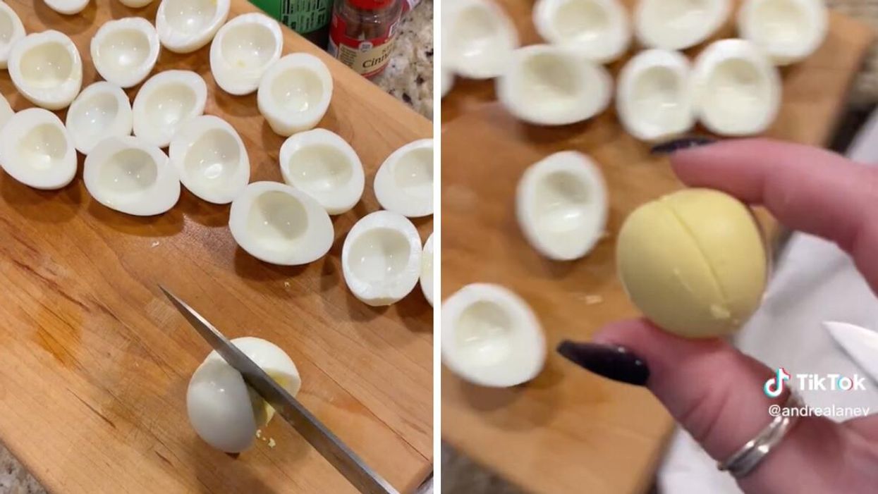The TikToker showing her egg-slicing hack in a video.