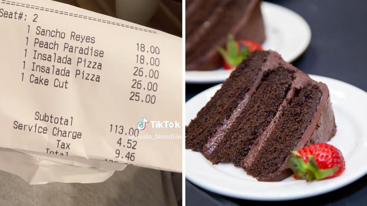 The TikToker showing her receipt. Right: A slice of chocolate cake.