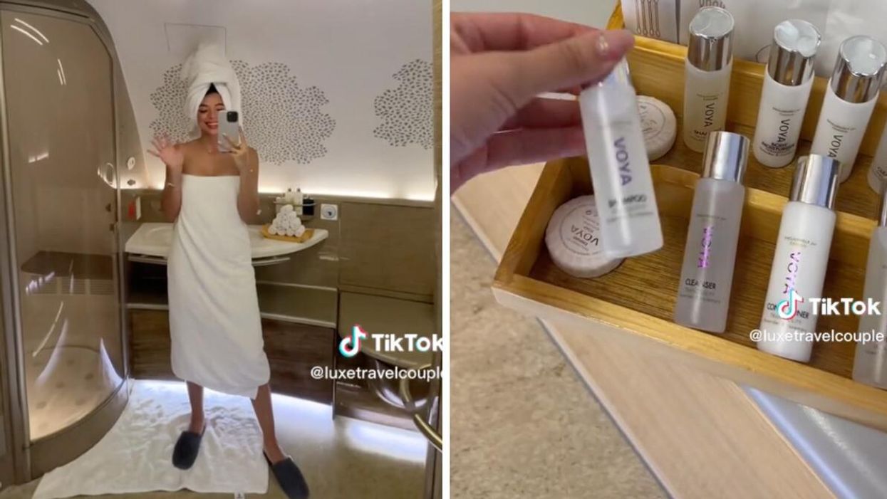 The TikToker showing the inflight shower on an Emirates flight.