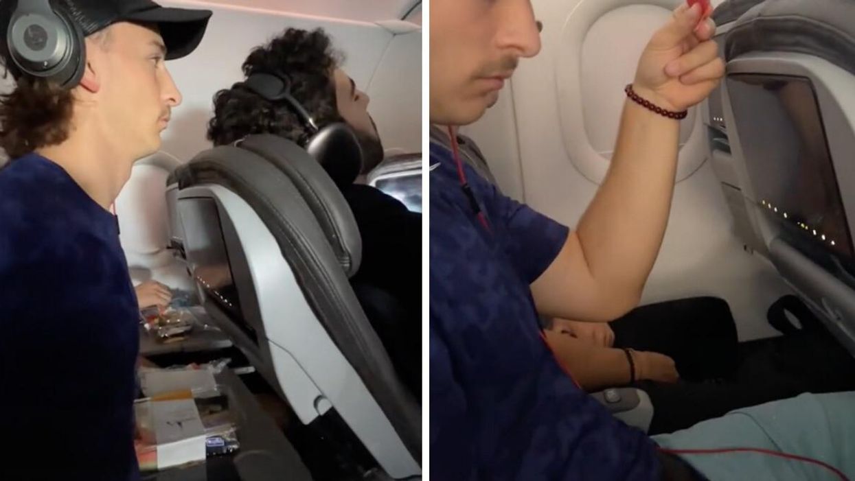 The TikToker showing the reclined chair in front of him on a flight.