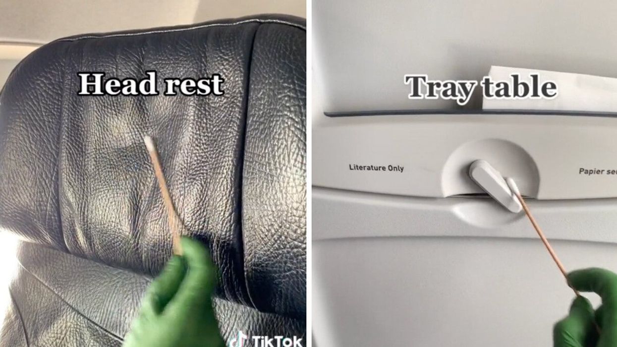 The TikToker swabbing different areas of the plane.