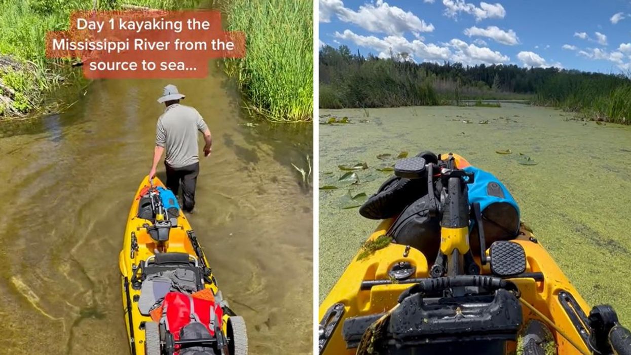 The TikToker walking in the headwaters of the Mississippi River. Right: A view of the Mississippi River from the kayak.