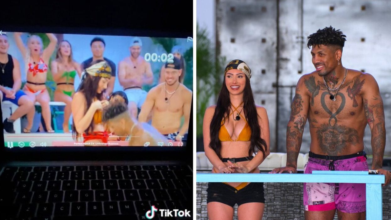 The TikToker watching Perfect Match. Right: Francesca Farago and Dom Gabriel on Perfect Match.