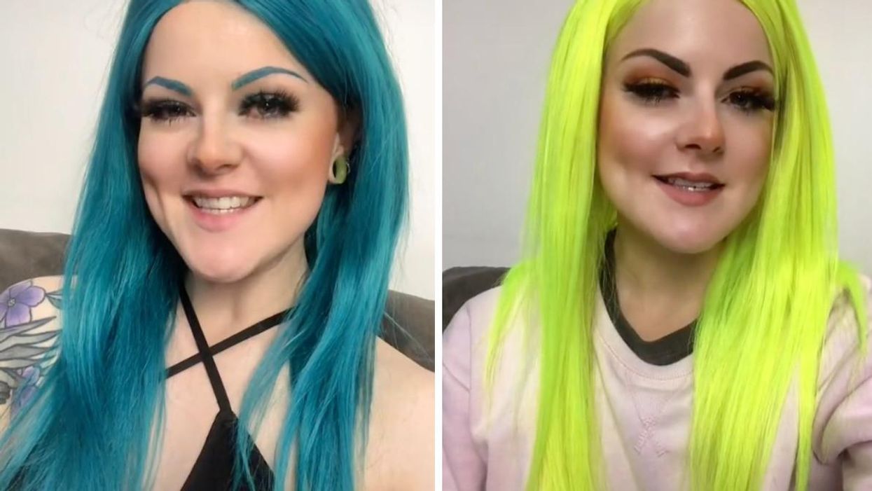 The TikToker wearing a blue wig. Right: The TikToker wearing a yellow wig.
