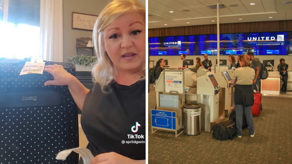 The TikToker with her found luggage. Right: The check-in area for United Airlines.