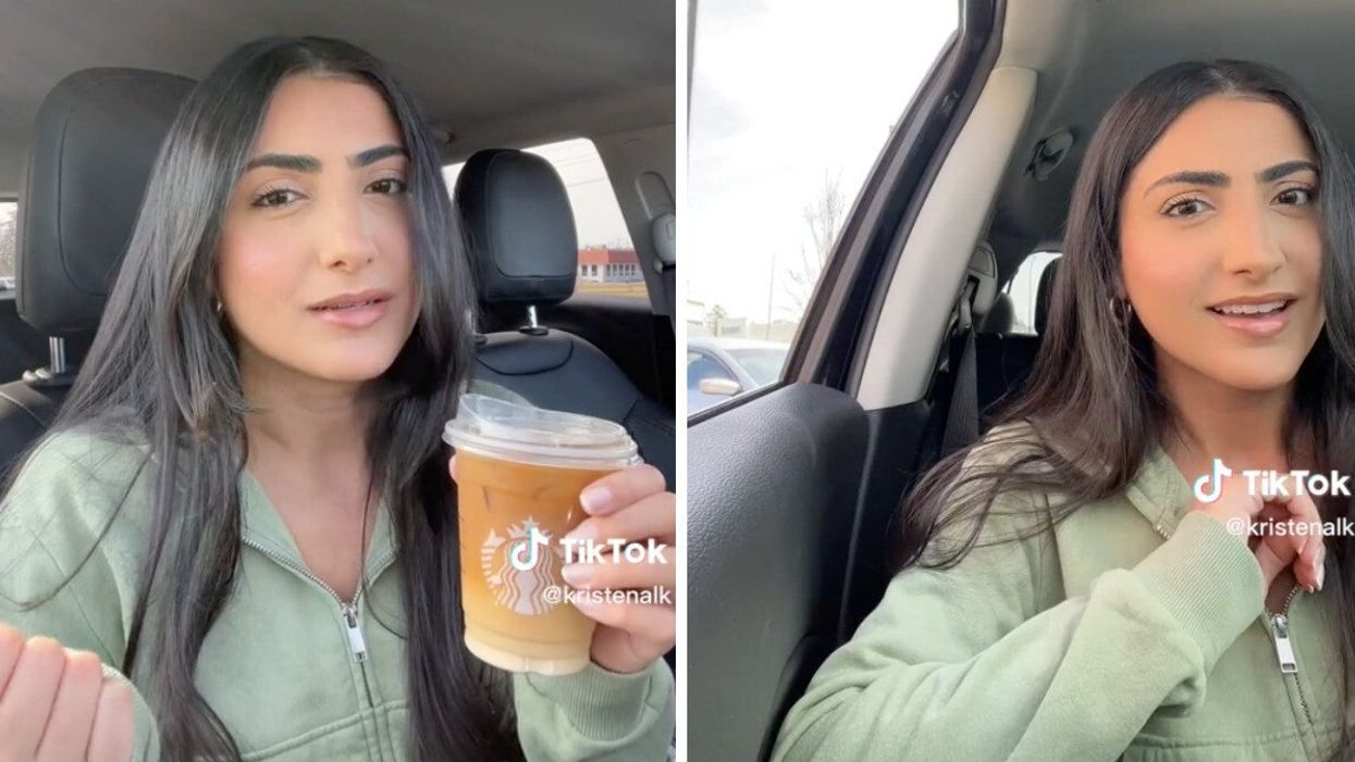 The TikToker with her Starbucks drink. Right: The TikToker in the Starbucks drive-thru.