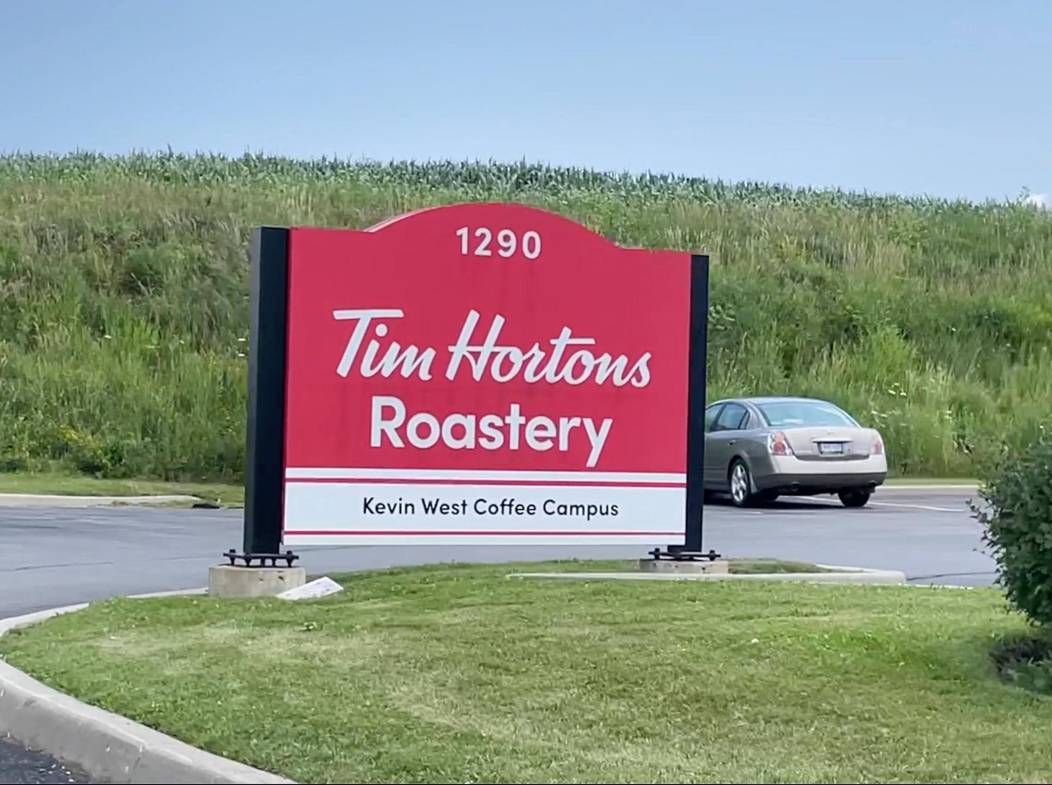 The Tim Hortons Roastery sign in Ancaster, Ontario.
