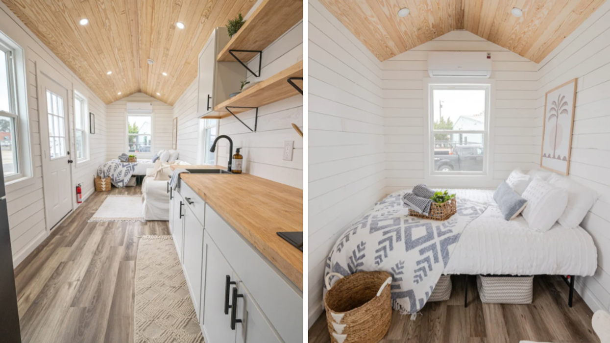 The tiny home view from the kitchen. Right: The tiny home's bedroom.