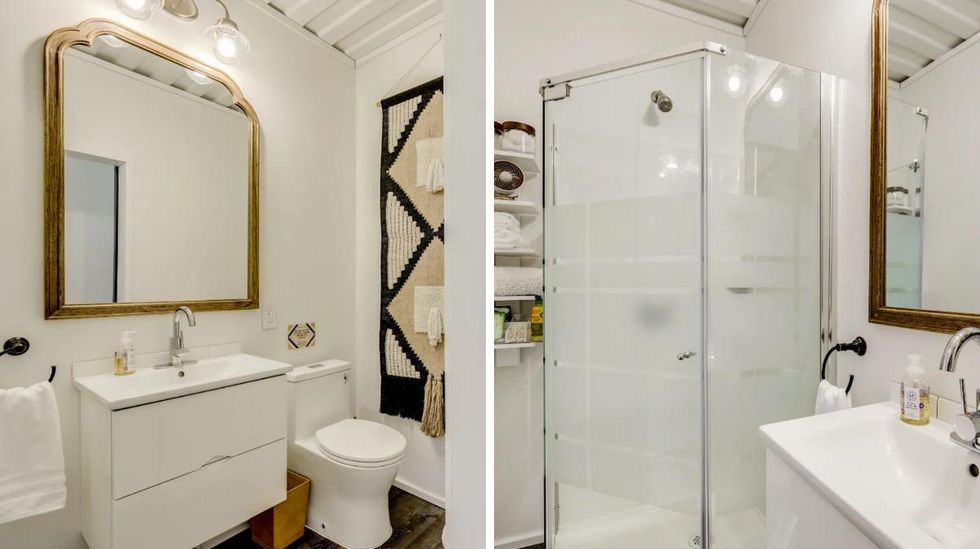 The toilet and mirror in the restroom in the tiny home for sale. Right: The shower in the tiny home for sale.