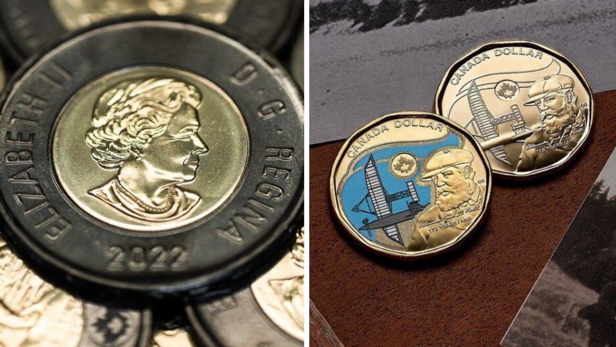 The toonie with a black ring. Right: The Alexander Graham Bell loonie.
