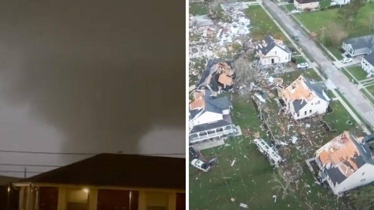 The tornado that ripped through Arabi, Louisiana. Right: The aftermath of the tornado in Arabi, Louisiana.