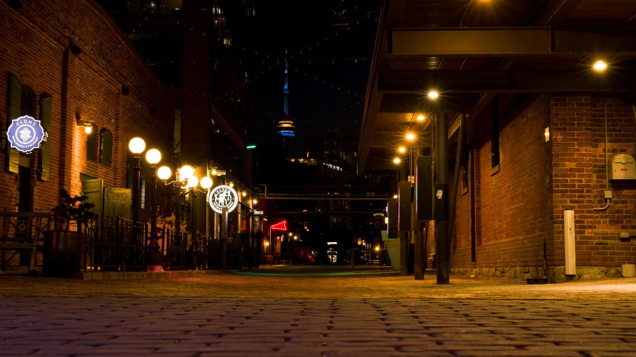The Toronto Distillery District at night.
